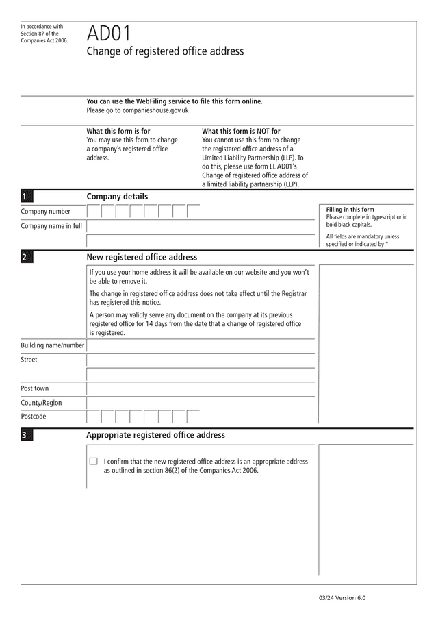 Form used to change a company's registered office address with Companies House in the UK