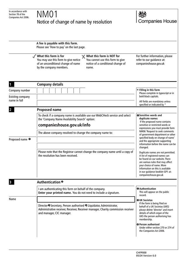 Companies House NM01 form used to change a UK company name online