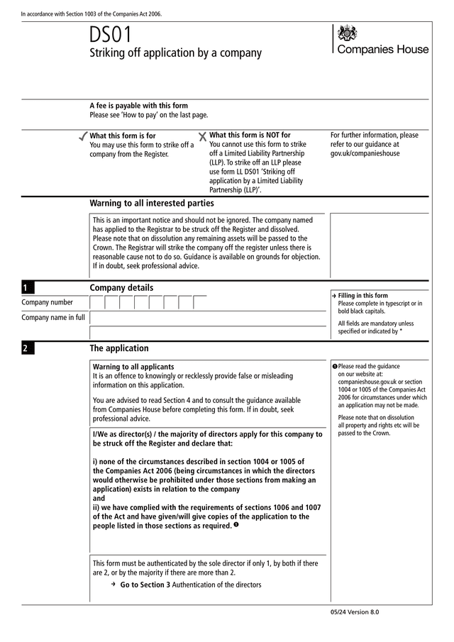 Form used to apply for company dissolution or strike off with Companies House in the UK