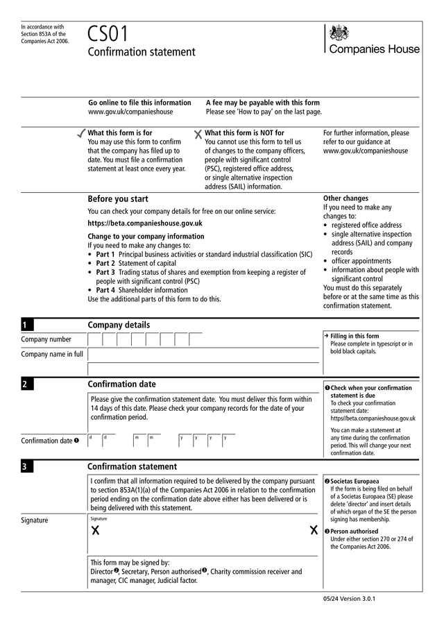 Form used to file a confirmation statement with Companies House in the UK