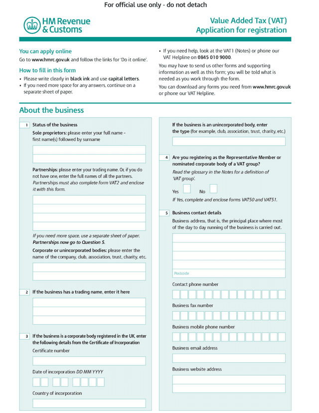 Form used to register for VAT with HMRC in the UK