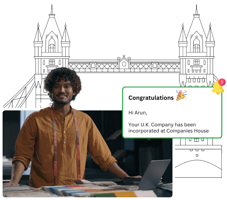 Smiling entrepreneur receiving confirmation of UK company registration at Companies House as a non-resident