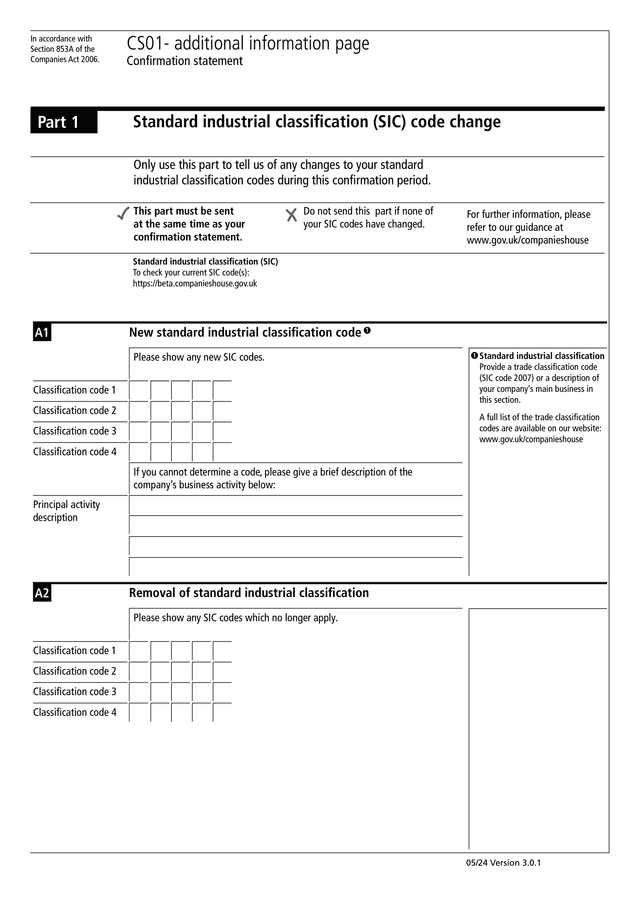 CS01 form used to update business activities and SIC codes with Companies House in the UK